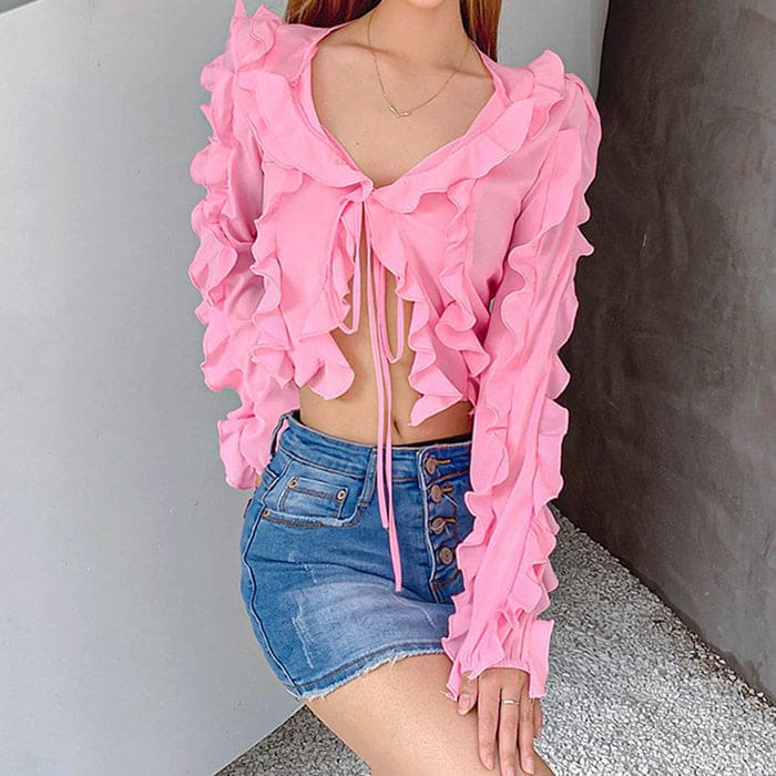 Y2K Pink Ruffle Cardigan - Tops