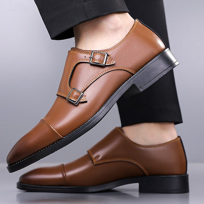 Strap Elegant Men's Shoes Dress Monk – Double Leather
