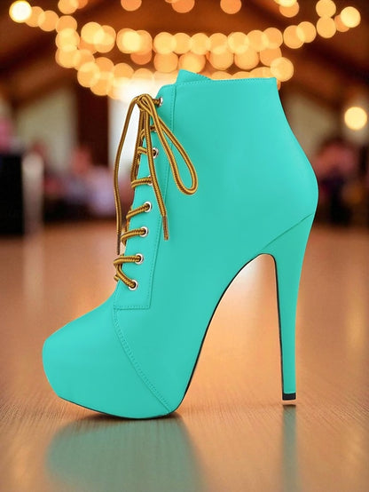 Faux Ankle Women's Lace-Up Boots Beige Platform - Leather