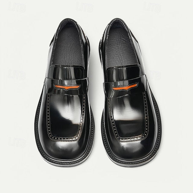 Men's Black Premium Cowhide Slip-On Loafers with Decorative