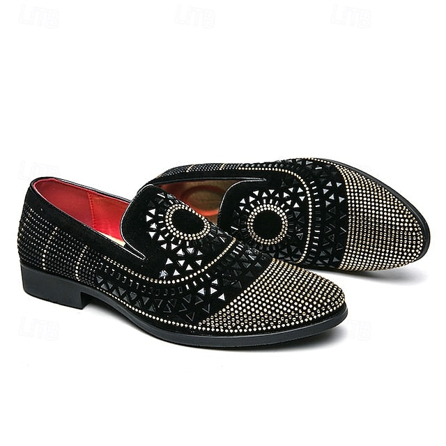 Men's Prom Shoes - Black Studded Velvet Loafers with Spiral