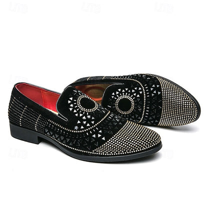 Men's Prom Shoes - Black Studded Velvet Loafers with Spiral