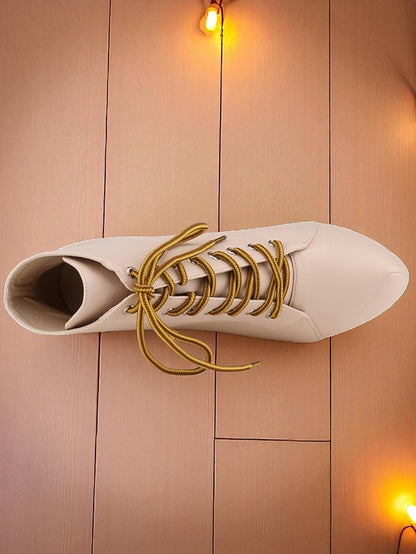Faux Ankle Women's Lace-Up Boots Beige Platform - Leather
