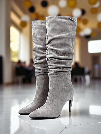 Women's High Knee Pointed Slouch Velvet Boots Toe Green -