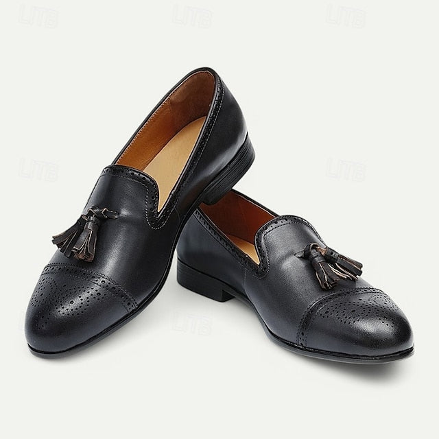 Men's Brown Leather Tassel Loafers with Brogue Detailing,