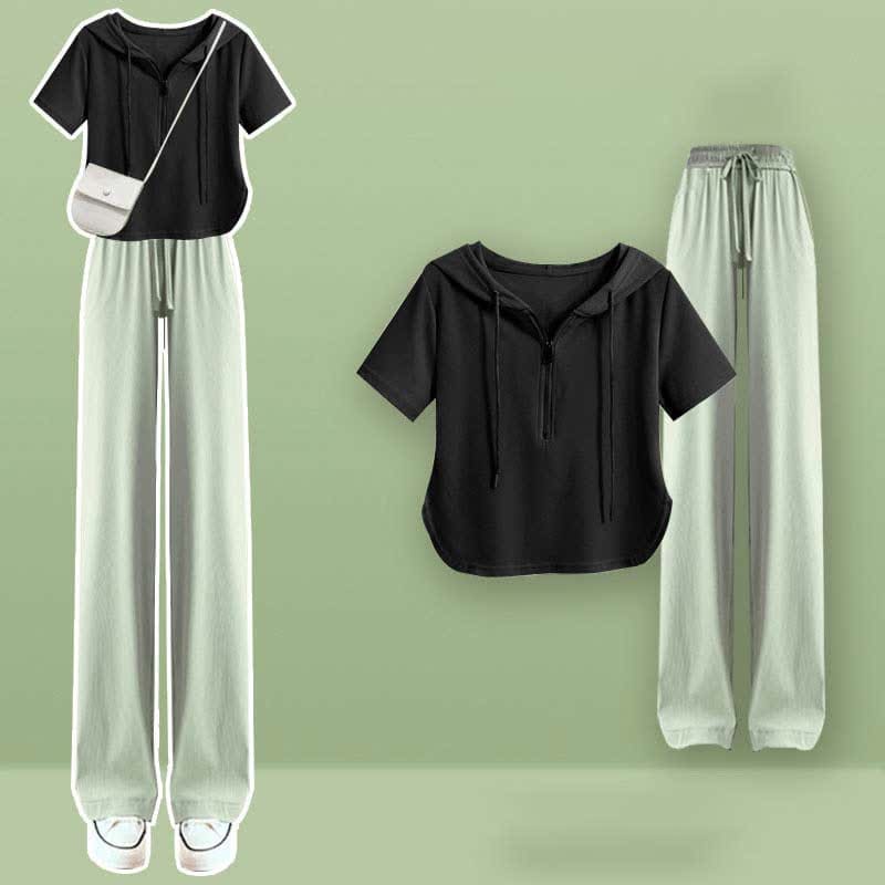 Wide Leg Zipper T-Shirt Pants Casual Draw String