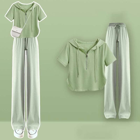 Wide Leg Zipper T-Shirt Pants Casual Draw String