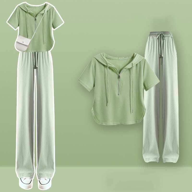 Zipper Draw String T-Shirt Casual Wide Leg Pants - Green