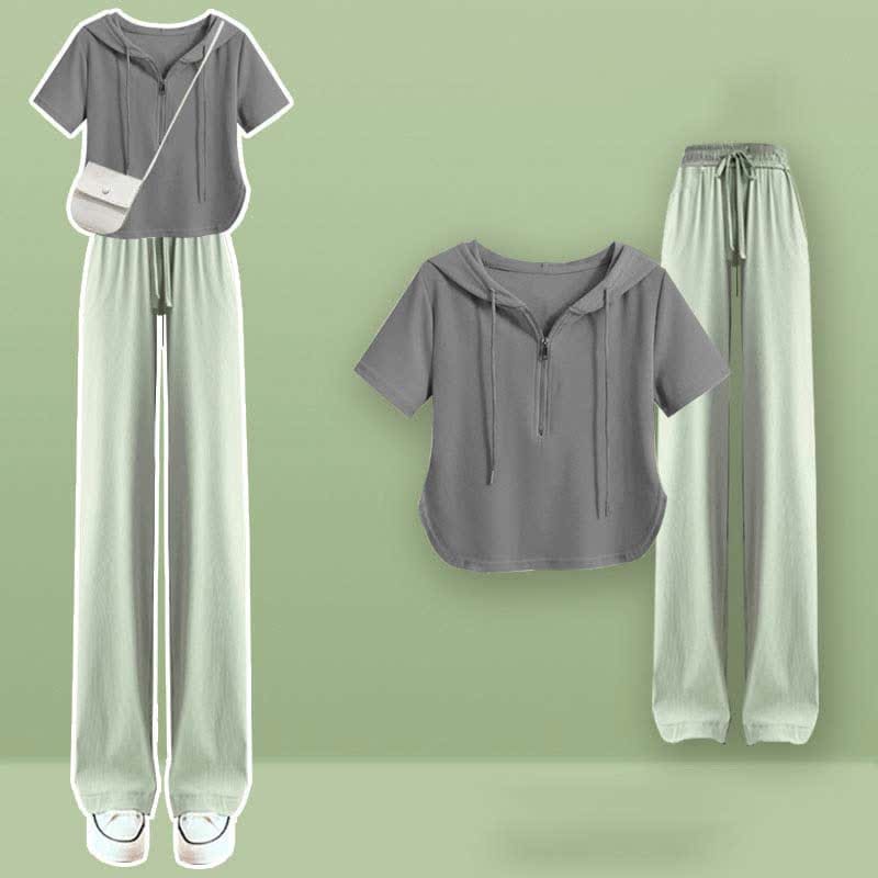 Wide Leg Zipper T-Shirt Pants Casual Draw String