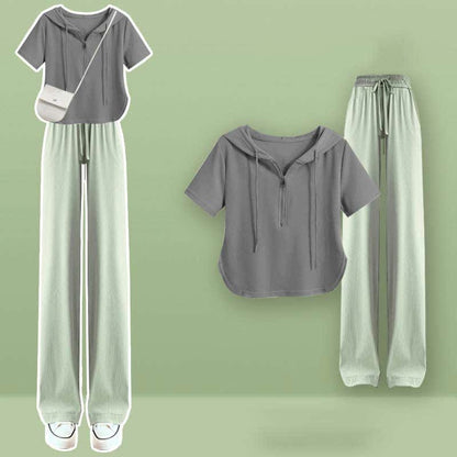 Wide Leg Zipper T-Shirt Pants Casual Draw String