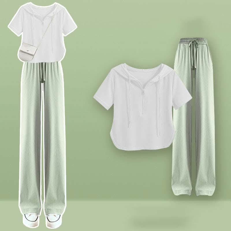Wide Leg Zipper T-Shirt Pants Casual Draw String