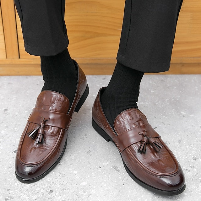 Men's Green Faux Leather Loafers with Crocodile Embossed