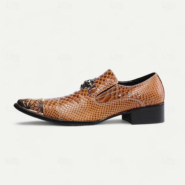 Men's Brown Snake Pattern Leather Slip-On Shoes with Metal