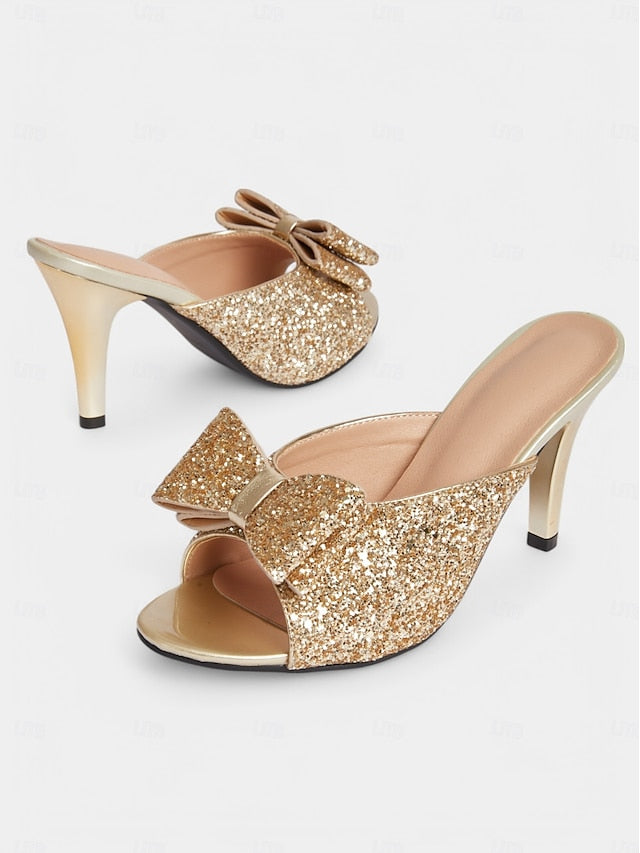 Mules Glamorous Bow Gold Women's Glitter Party – Stiletto