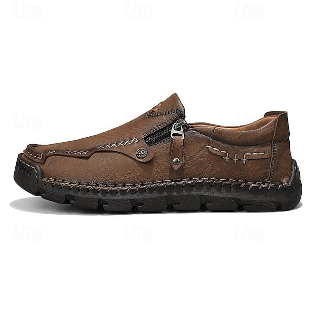 Men's Brown Faux Leather Slip-On Loafers with Side Zipper