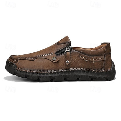 Men's Brown Faux Leather Slip-On Loafers with Side Zipper