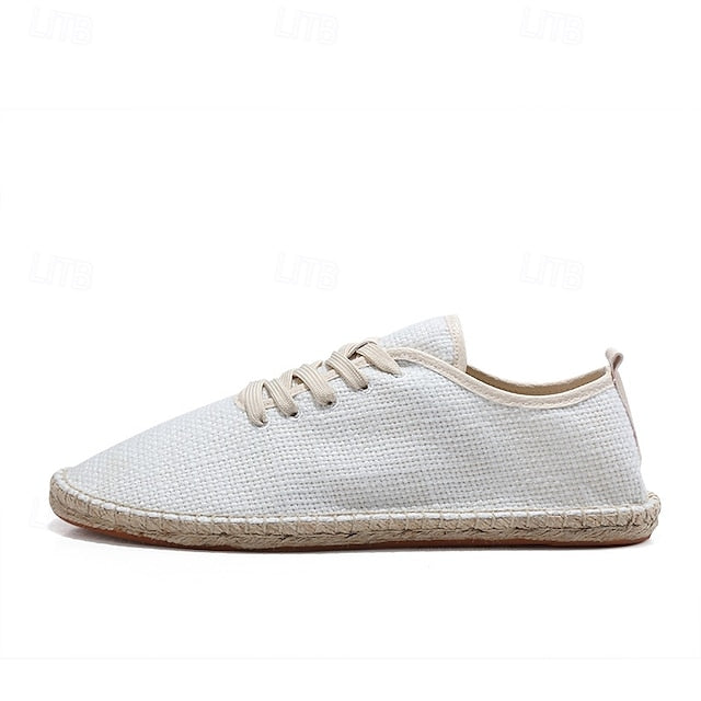 Men's Beige Canvas Lace-Up Espadrille Shoes with Jute Rope