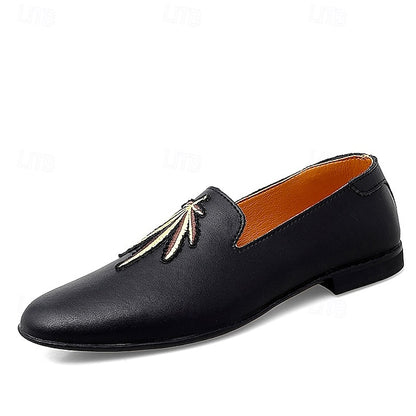 Men's Prom Shoes - White Faux Leather Loafers with Feather