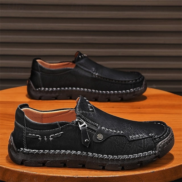 Men's Brown Faux Leather Slip-On Loafers with Side Zipper