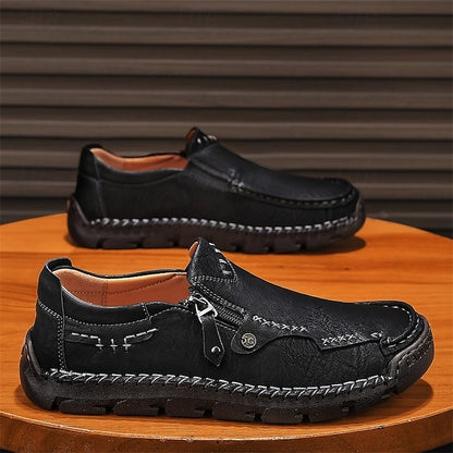 Men's Brown Faux Leather Slip-On Loafers with Side Zipper