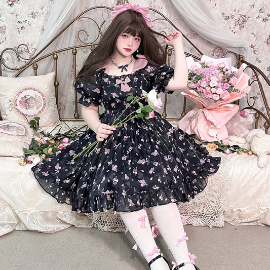 Robe Lolita décontractée noire à imprimé de roses roses de princesse ON803