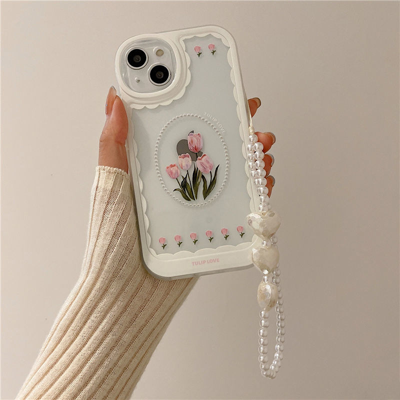 INS Tulip Flower Lanyard Phone Case For iPhone 11 Pro Max 12 XR X XS 13 14 Cover Hand Strap Bracelet Cases LIN74 - mkkawaiishop