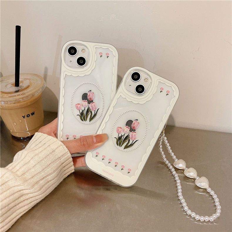 INS Tulip Flower Lanyard Phone Case For iPhone 11 Pro Max 12 XR X XS 13 14 Cover Hand Strap Bracelet Cases LIN74 - mkkawaiishop