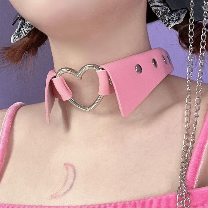 Pink Fake Collar Hollow SIiver Heart PU Choker ON789