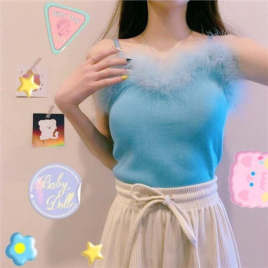 90s-Princess Feather Pastel Kawaii Aesthetic Knit Top - mkkawaiishop