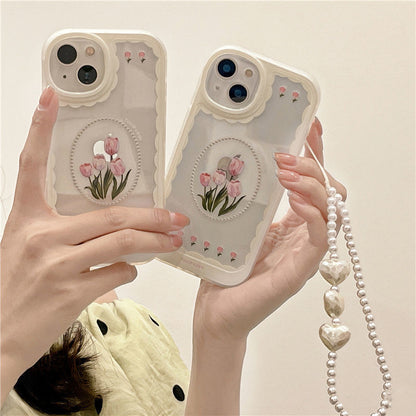INS Tulip Flower Lanyard Phone Case For iPhone 11 Pro Max 12 XR X XS 13 14 Cover Hand Strap Bracelet Cases LIN74 - mkkawaiishop