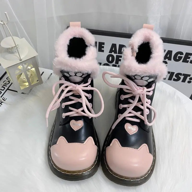 Kawaii Aesthetic Y2K Cute Fairy Black Pink Sugar Kitty Paw Lolita Winter Boots MK Kawaii Store