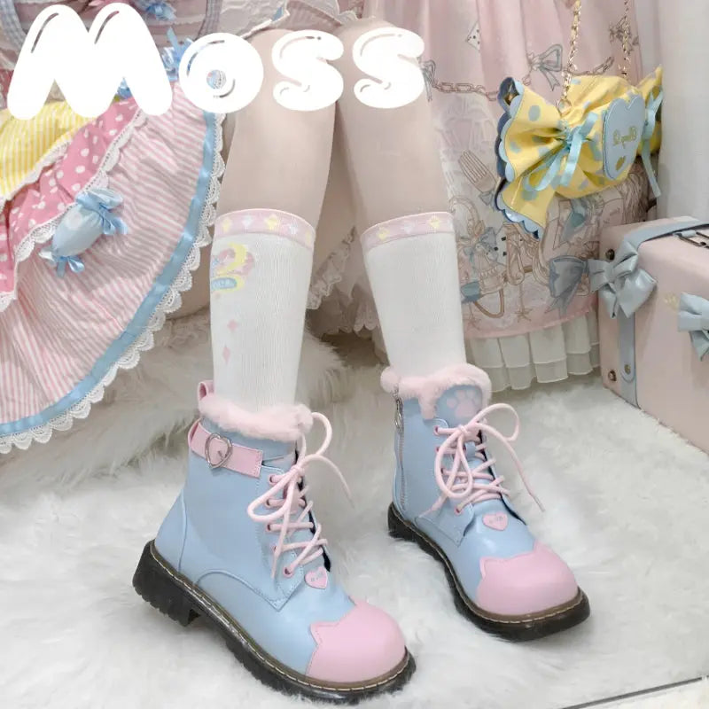 Kawaii Aesthetic Y2K Cute Fairy Black Pink Sugar Kitty Paw Lolita Winter Boots MK Kawaii Store