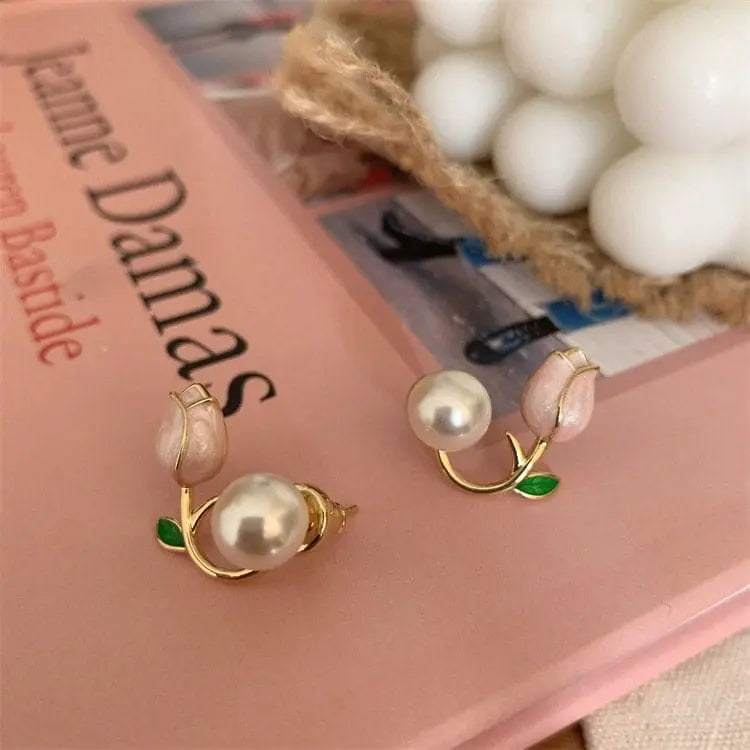 Kawaii Aesthetic Y2K Cute Fairy Chic Enamel Tulip Pearl Earrings MK Kawaii Store