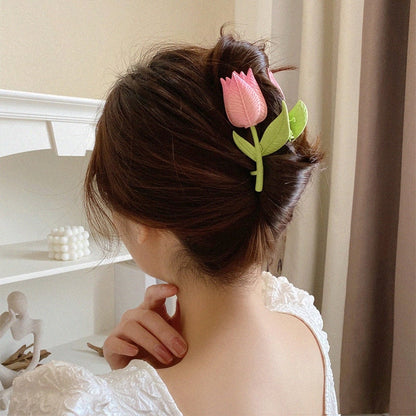 Korean Fashion Pink 3D Tulip Hair Claws Shark Clip Floral Hair Accessories W355 - mkkawaiishop