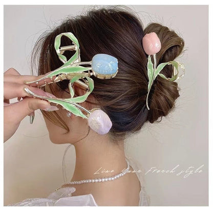 Korean Fashion Pink 3D Tulip Hair Claws Shark Clip Floral Hair Accessories W355 - mkkawaiishop