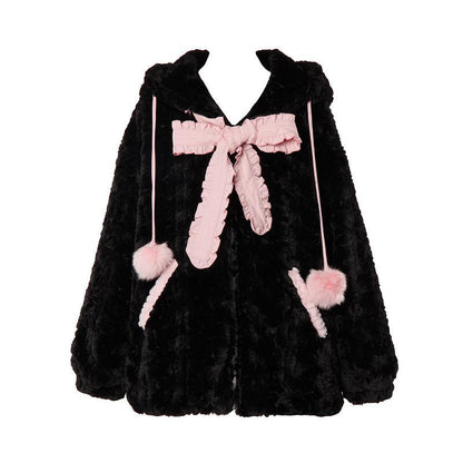 Pink Black Kitty Hoodie Tie Bowknot Coat - Heartzcore MK19002