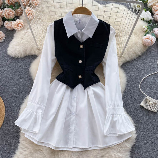 Set Of 2 : Long-Sleeve Lapel Dress + Sleeveless V-Neck Denim Top PA657 - mkkawaiishop