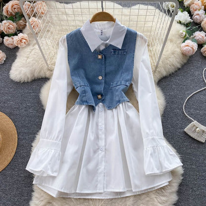 Set Of 2 : Long-Sleeve Lapel Dress + Sleeveless V-Neck Denim Top PA657 - mkkawaiishop