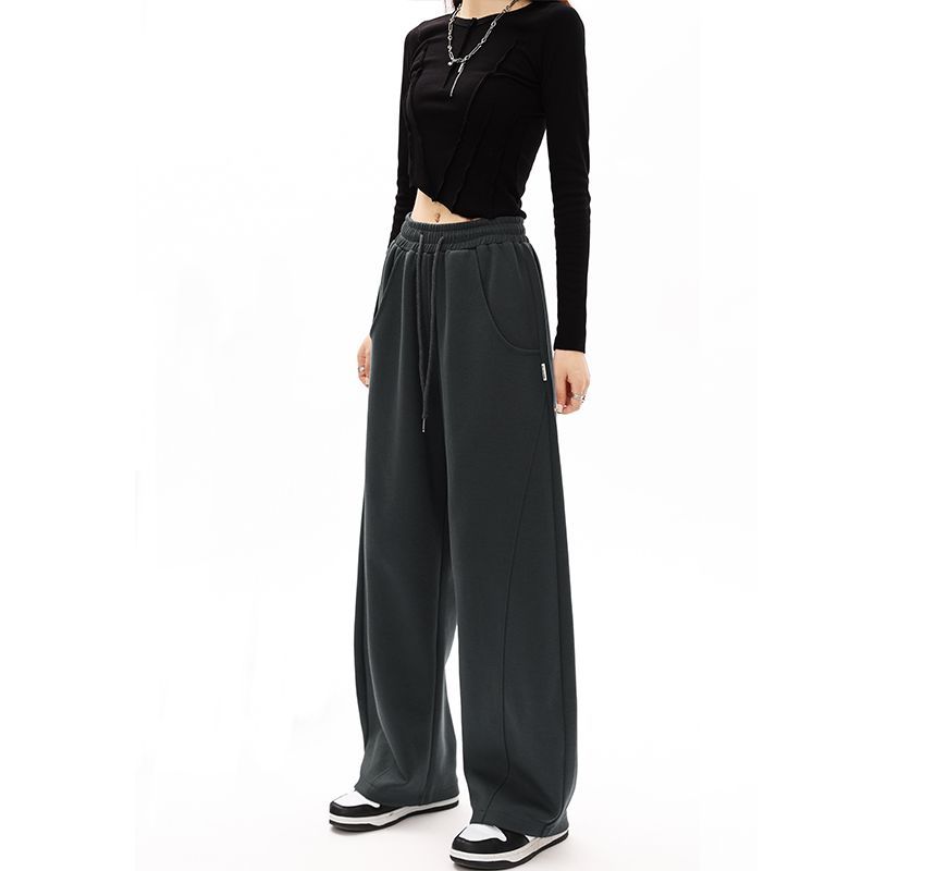 Mid-Waist Drawstring Pocketed Wide-Leg Plain Sweatpants dd22