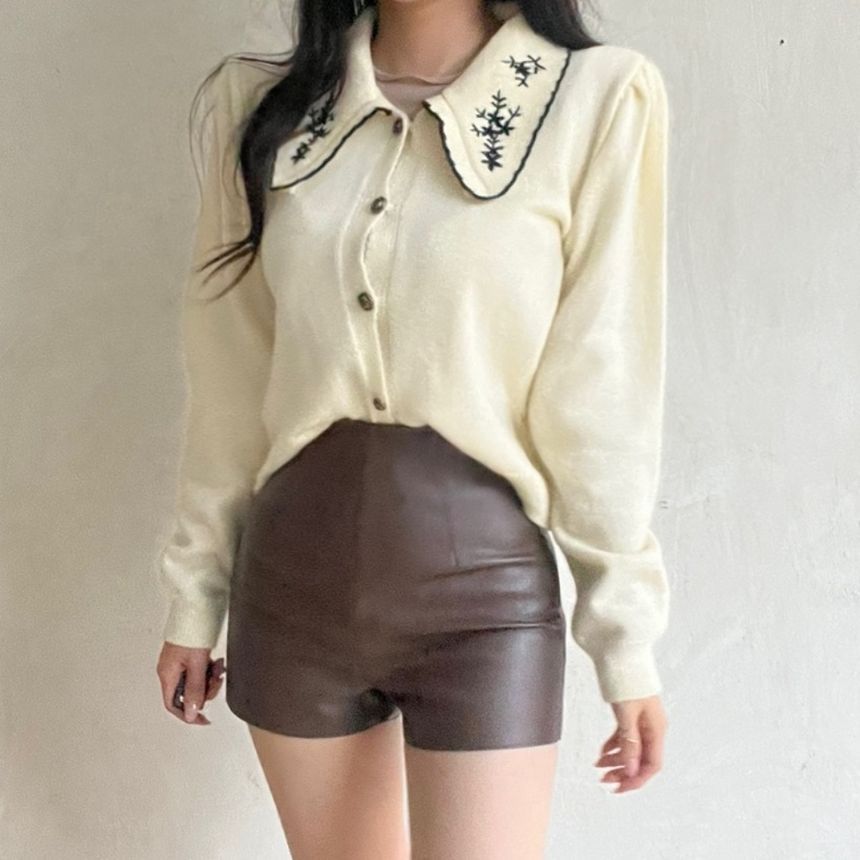 Embroidered Collar Single Breasted Knit Cardigan LT3 - mkkawaiishop