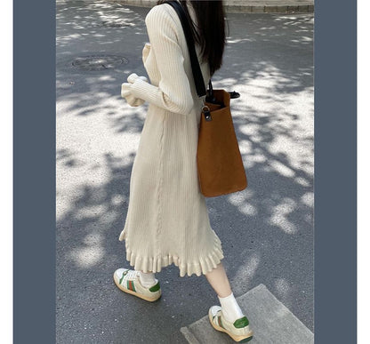 Long-Sleeve Round Neck Frill Trim Knit Midi Dress EE25 - mkkawaiishop