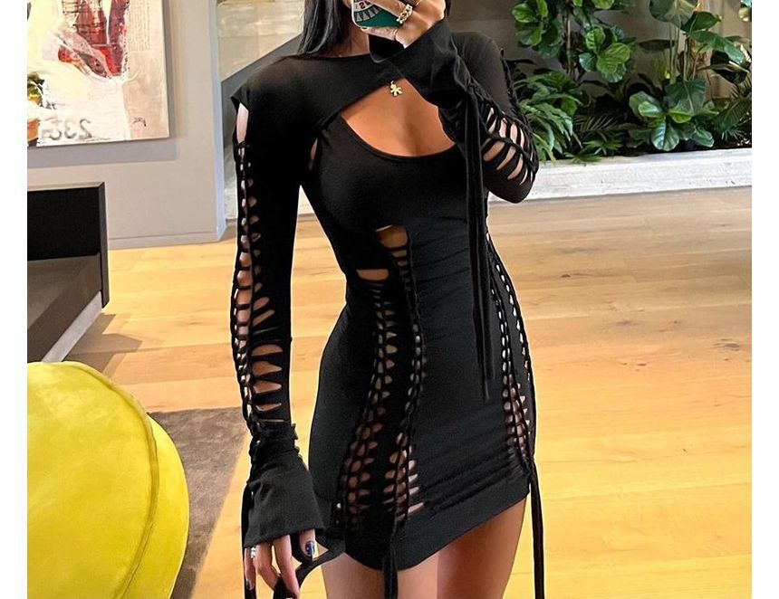 Long-Sleeve Cutout Drawstring Open-Back Mini Dress PP24 - mkkawaiishop