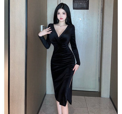 Long-Sleeve V-Neck Plain Midi Bodycon Dress PP4 - mkkawaiishop