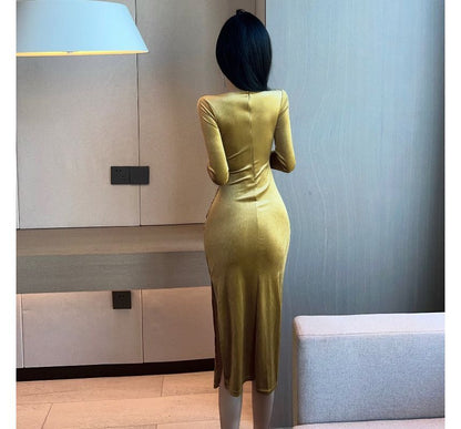 Long-Sleeve V-Neck Plain Midi Bodycon Dress PP4 - mkkawaiishop