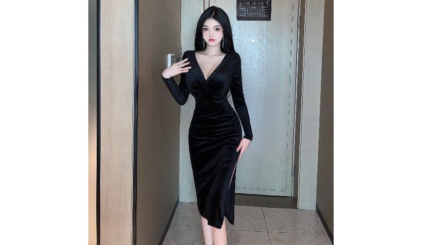 Long-Sleeve V-Neck Plain Midi Bodycon Dress PP4 - mkkawaiishop