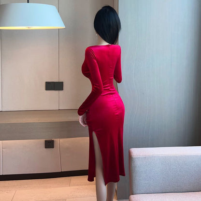 Long-Sleeve V-Neck Plain Midi Bodycon Dress PP4 - mkkawaiishop