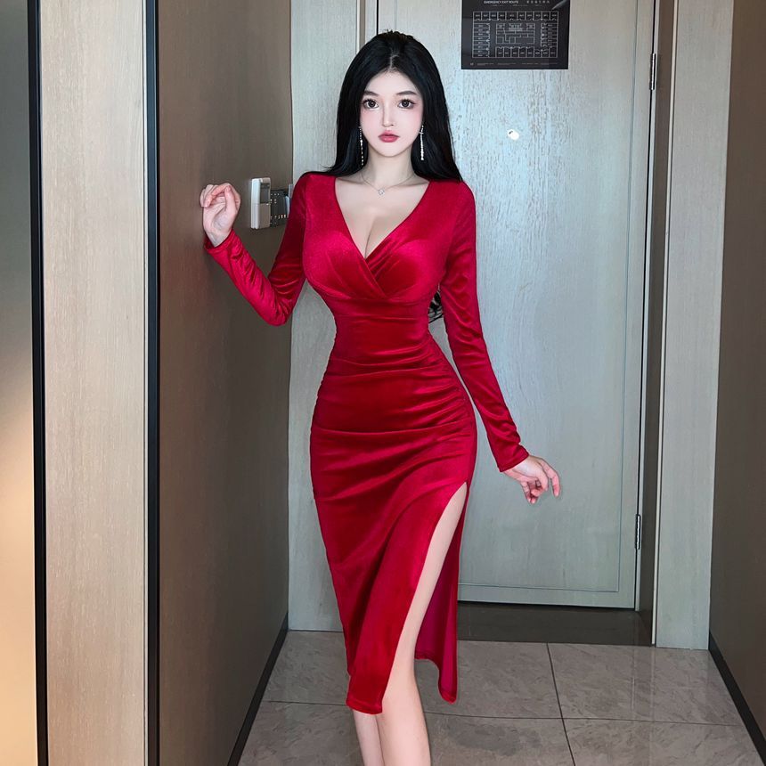 Long-Sleeve V-Neck Plain Midi Bodycon Dress PP4 - mkkawaiishop