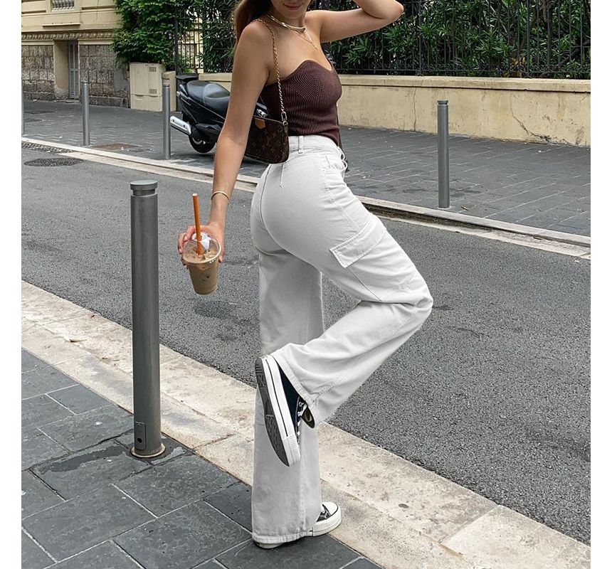 Pantalon cargo taille haute à coupe droite et jambes larges avec poches dd31