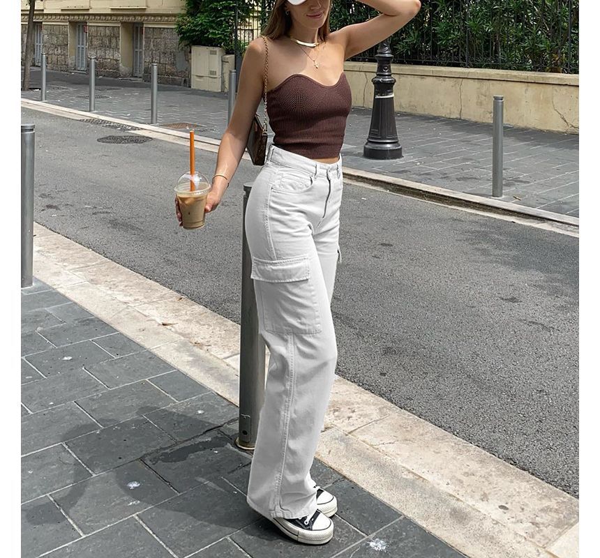 Pantalon cargo taille haute à coupe droite et jambes larges avec poches dd31