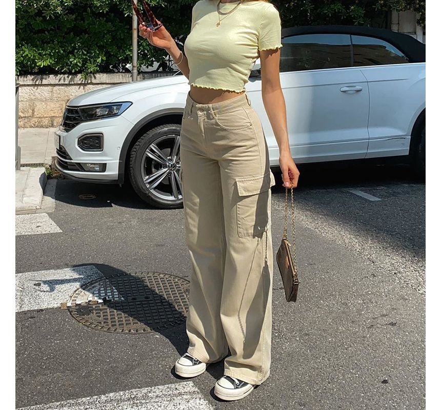 Pantalon cargo taille haute à coupe droite et jambes larges avec poches dd31